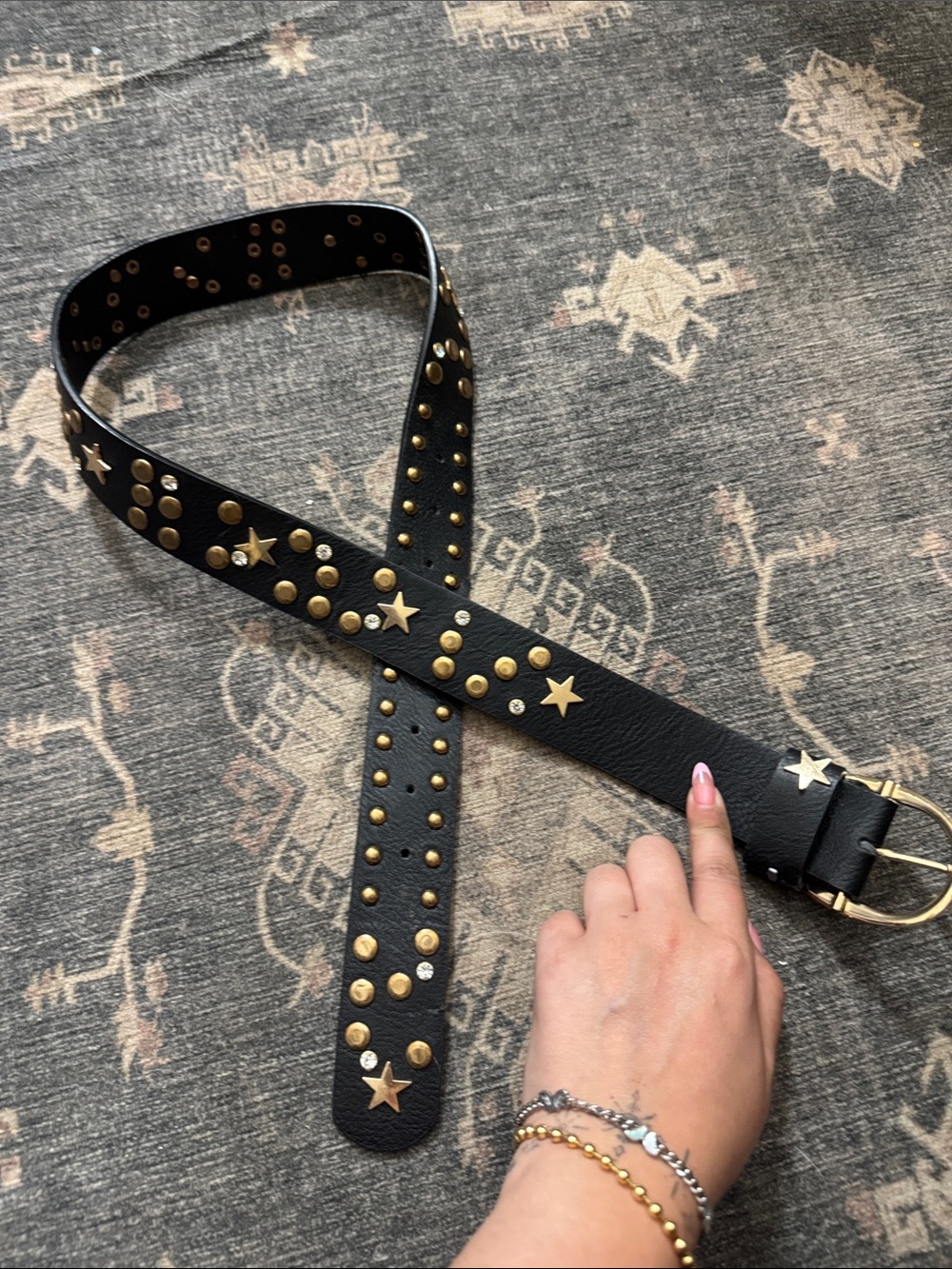 Nasty Gal Black Leather Star & Stud Belt with Gold Hardware